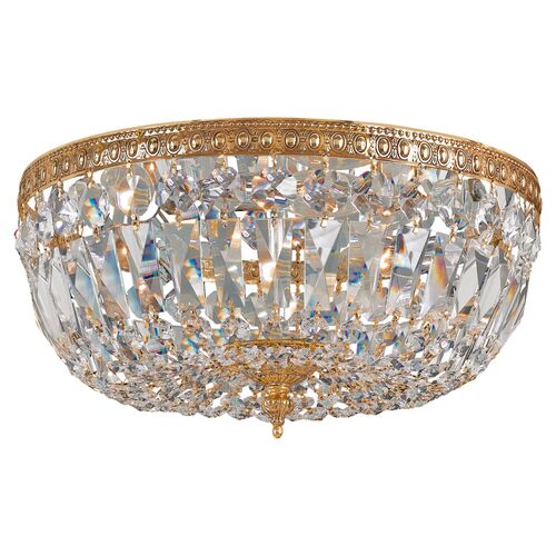 3-Light Hand Cut Crystal Flush Mount, Brass