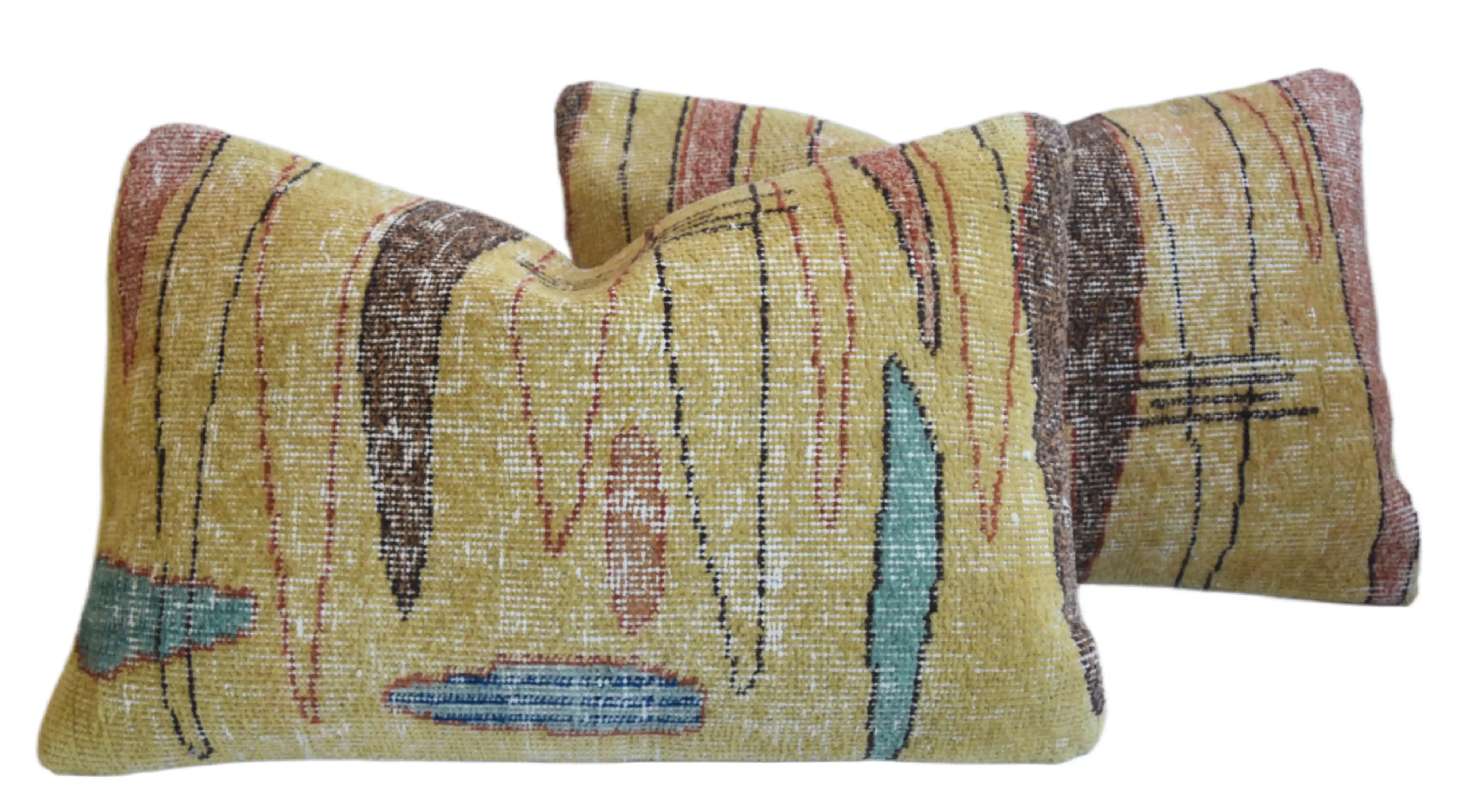 Turkish Wool Carpet Rug Pillows, Pair 1 Turkish Wool Carpet Rug Pillows, Pair