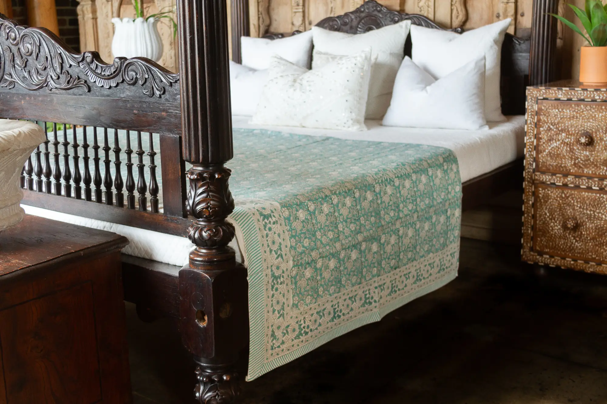 Oleander Aqua Block Print Coverlet 3 Oleander Aqua Block Print Coverlet